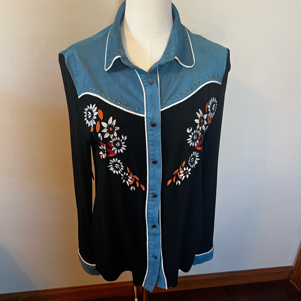 JOHN MOON Women's Embroidered Western Button Studded Cowboy Shirt Small Retro
